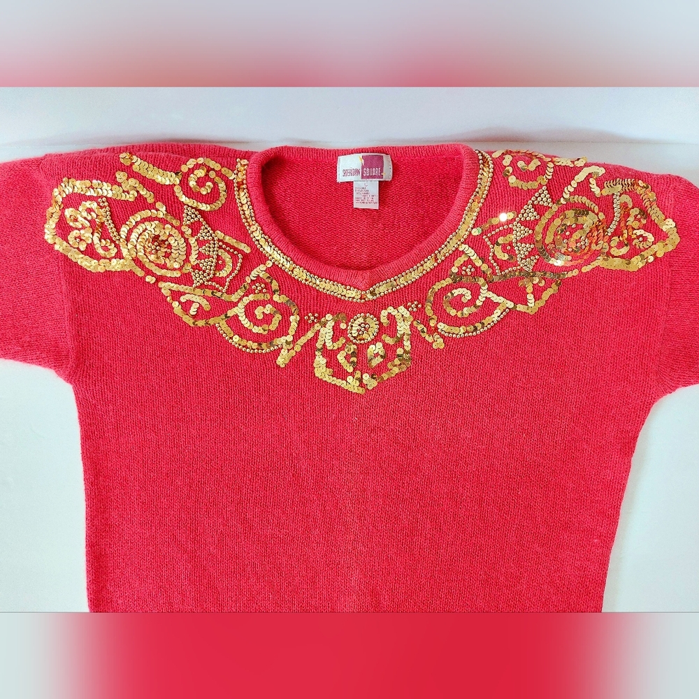 Vintage Sequin & Beaded Light Red Silk & Angora‎ Sweater Large Sheridan Square - Picture 5 of 7